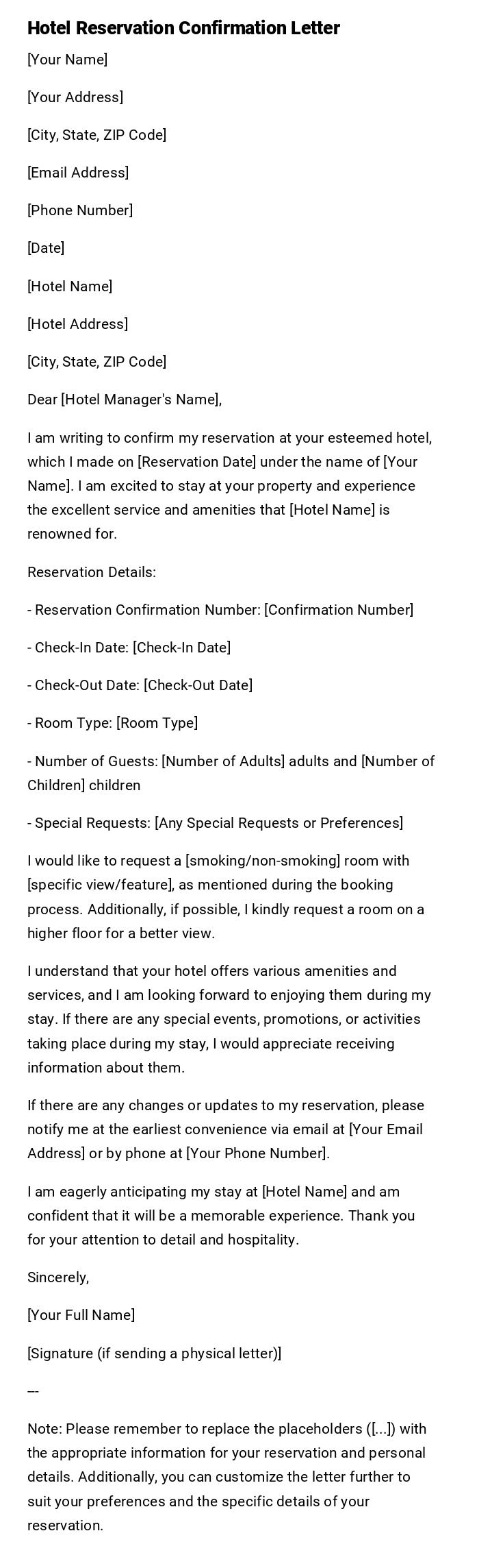 Hotel Reservation Confirmation Letter