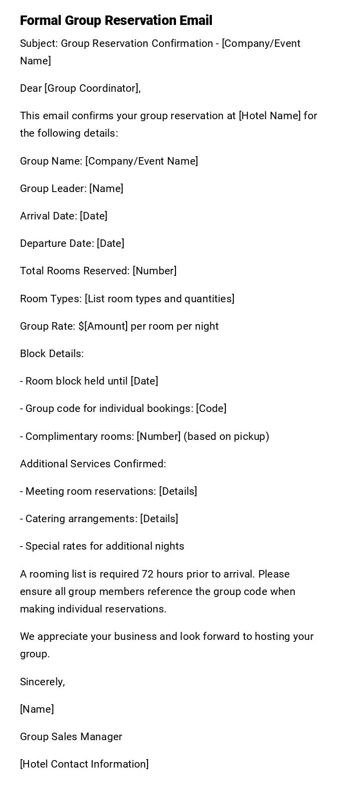 Formal Group Reservation Email Formal Group Reservation Email