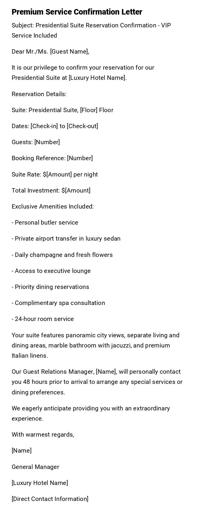 Premium Service Confirmation Letter Premium Service Confirmation Letter