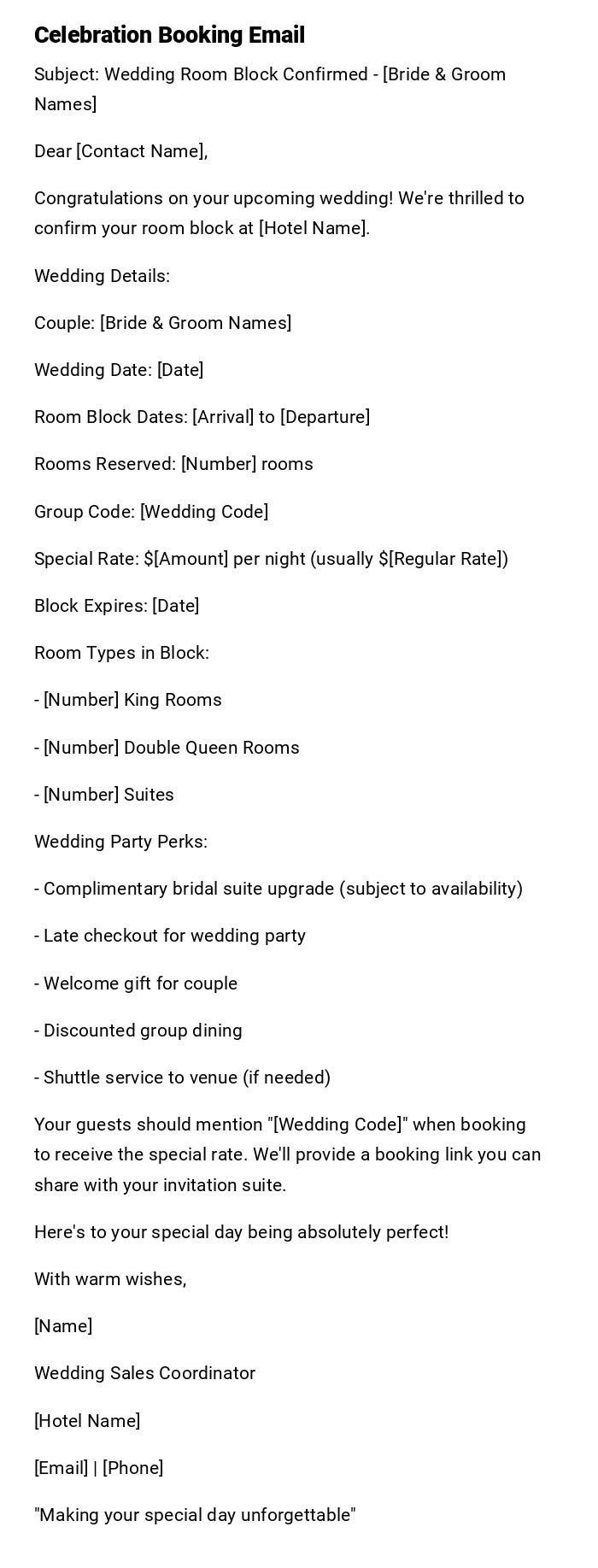 Celebration Booking Email Celebration Booking Email