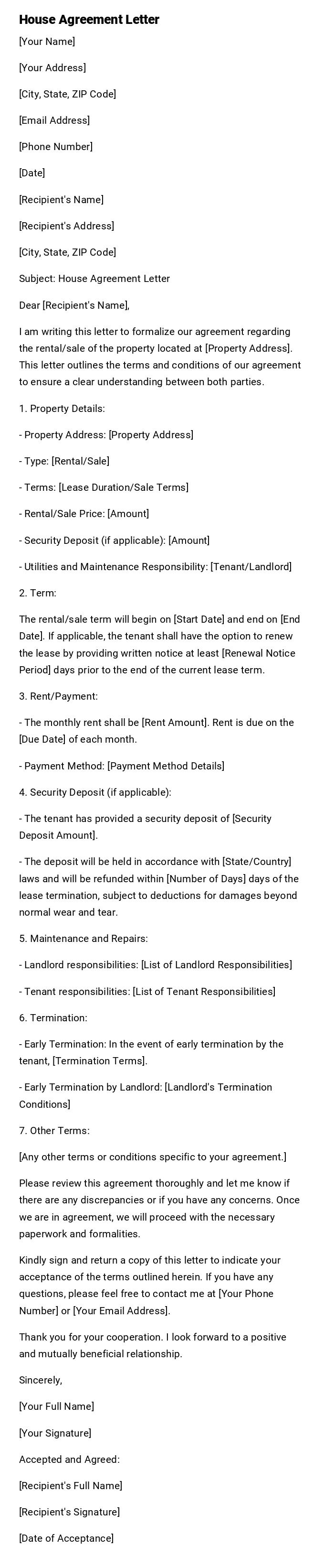 House Agreement Letter House Agreement Letter