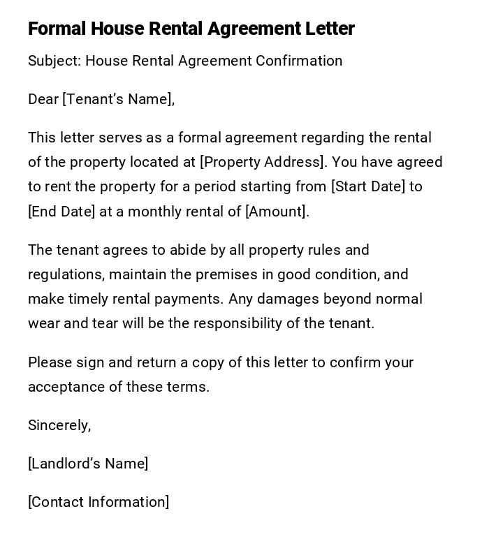 Formal House Rental Agreement Letter Formal House Rental Agreement Letter