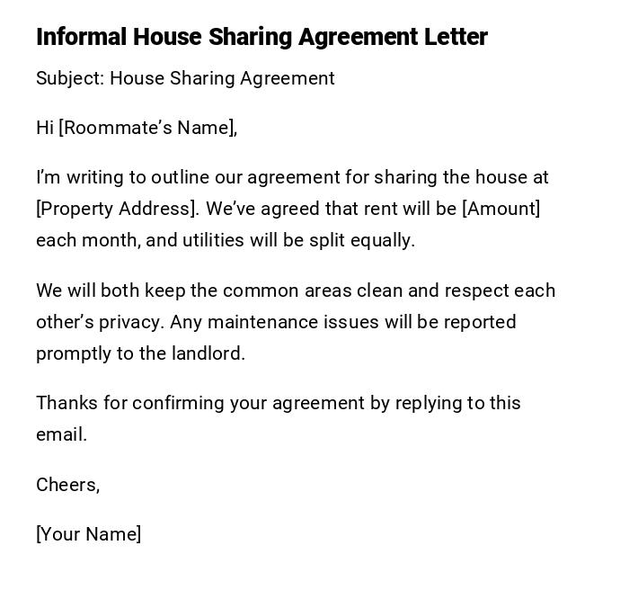 Informal House Sharing Agreement Letter Informal House Sharing Agreement Letter