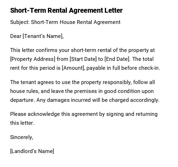 Short-Term Rental Agreement Letter Short-Term Rental Agreement Letter