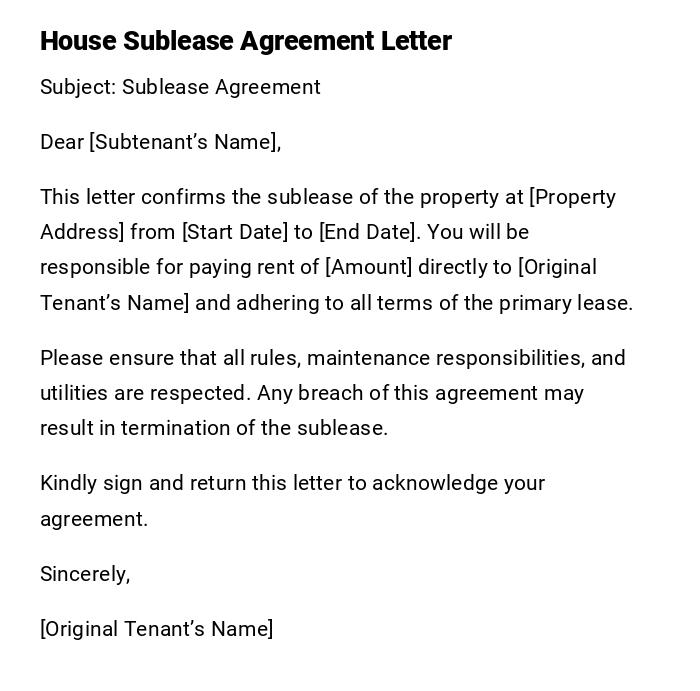 House Sublease Agreement Letter House Sublease Agreement Letter