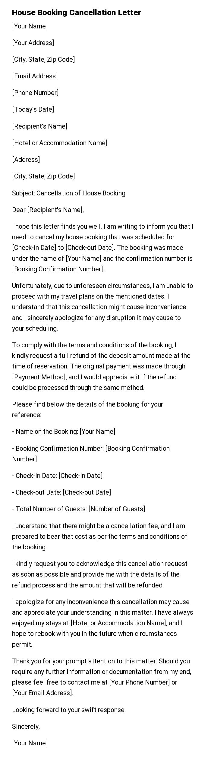 House Booking Cancellation Letter