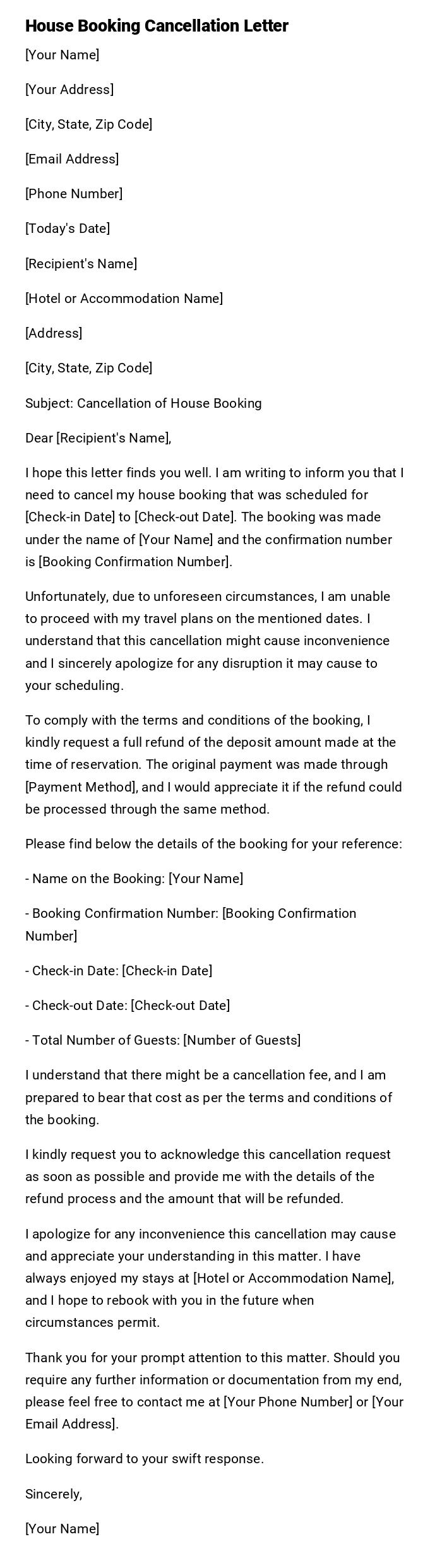 House Booking Cancellation Letter