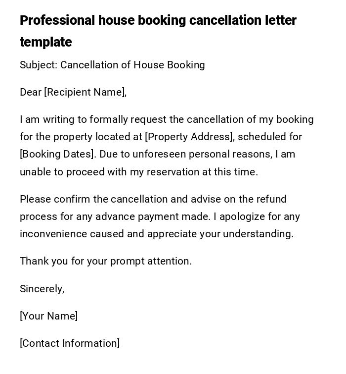 Professional house booking cancellation letter template Professional house booking cancellation letter template