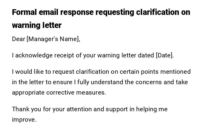 Formal email response requesting clarification on warning letter