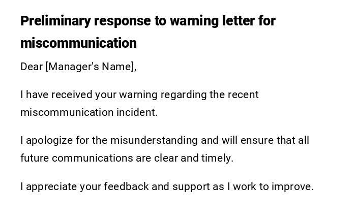 Preliminary response to warning letter for miscommunication