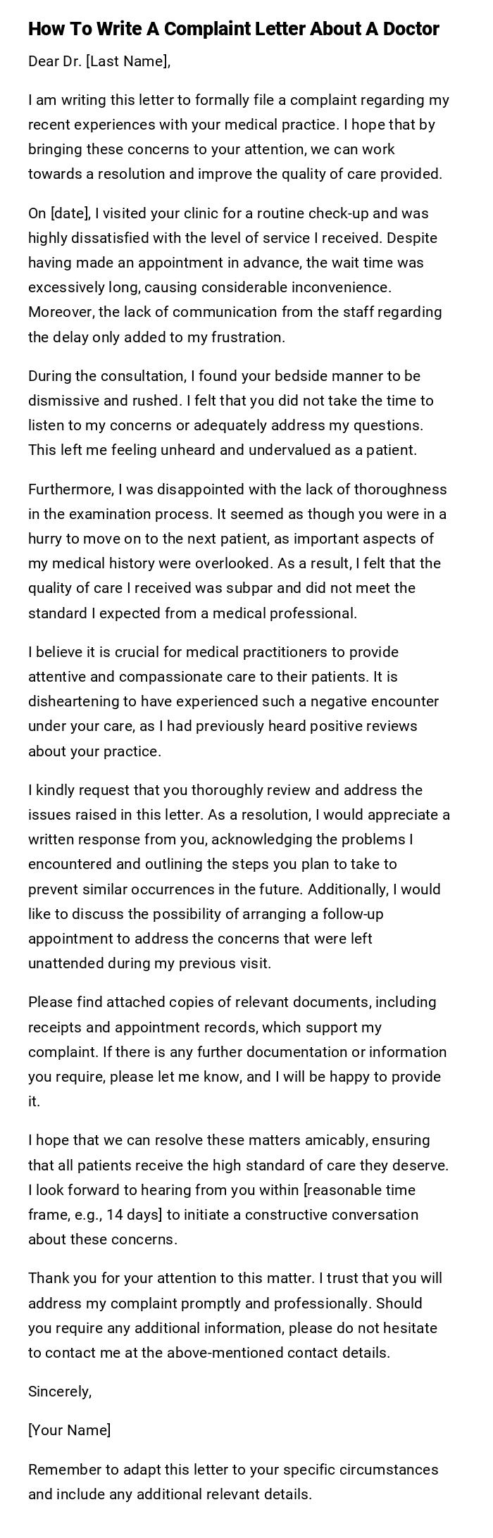 How To Write A Complaint Letter About A Doctor