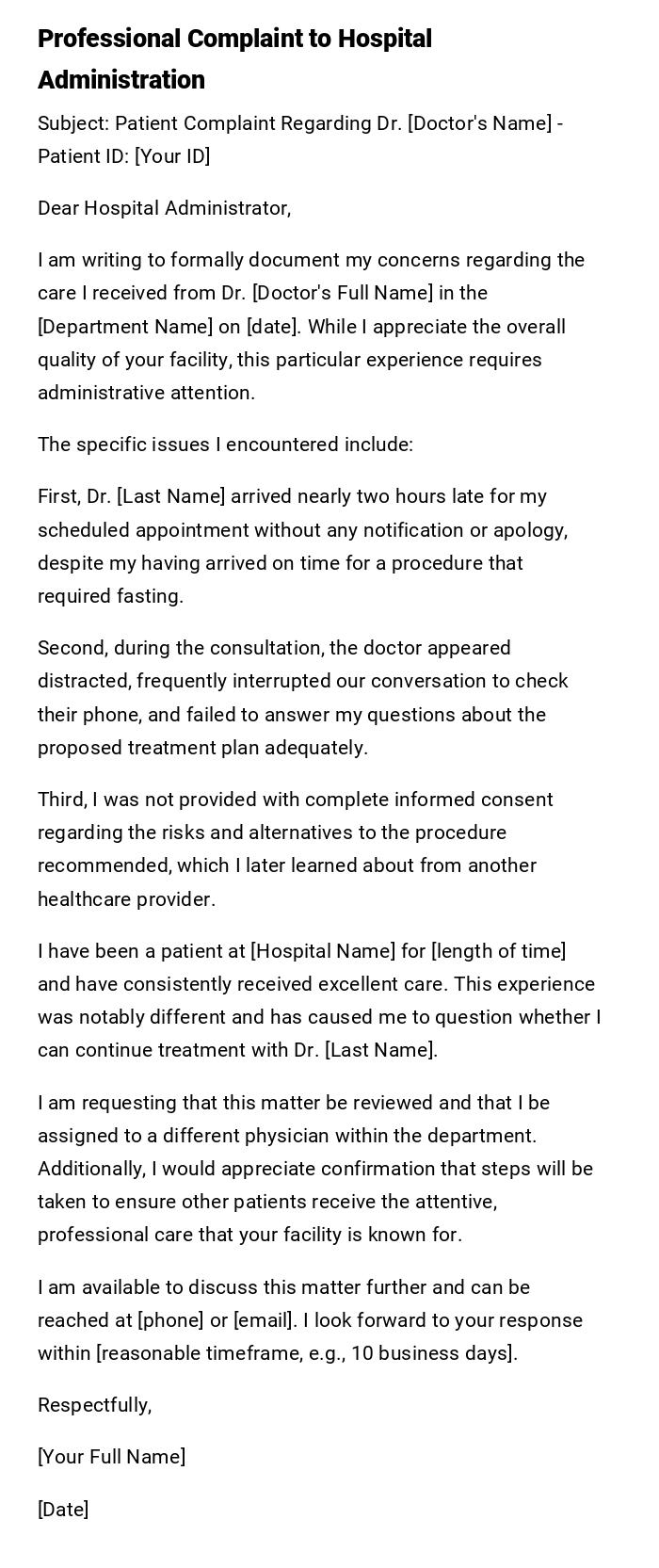Professional Complaint to Hospital Administration Professional Complaint to Hospital Administration