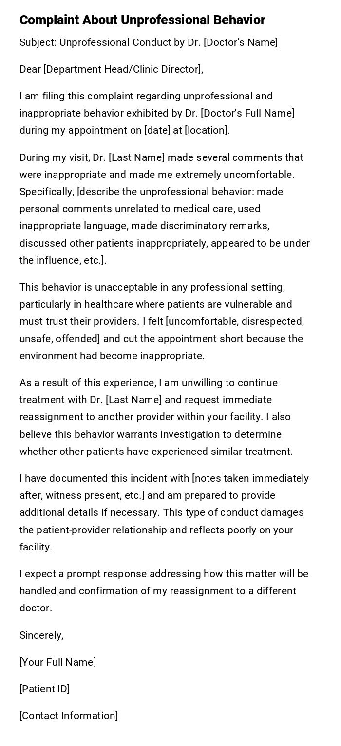 Complaint About Unprofessional Behavior Complaint About Unprofessional Behavior
