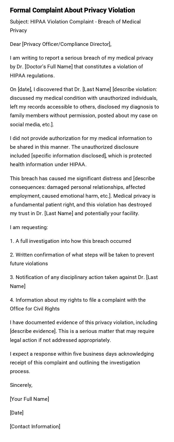 Formal Complaint About Privacy Violation Formal Complaint About Privacy Violation