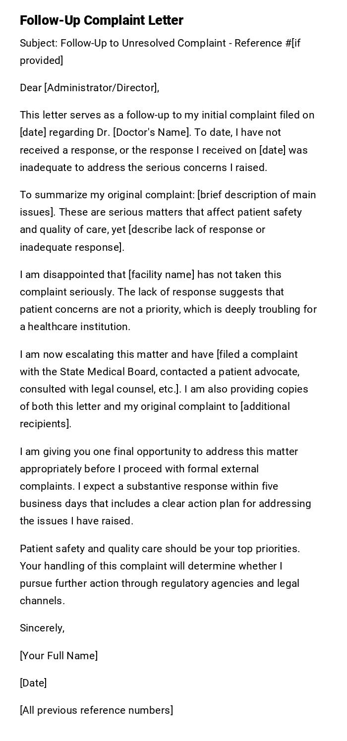 Follow-Up Complaint Letter Follow-Up Complaint Letter