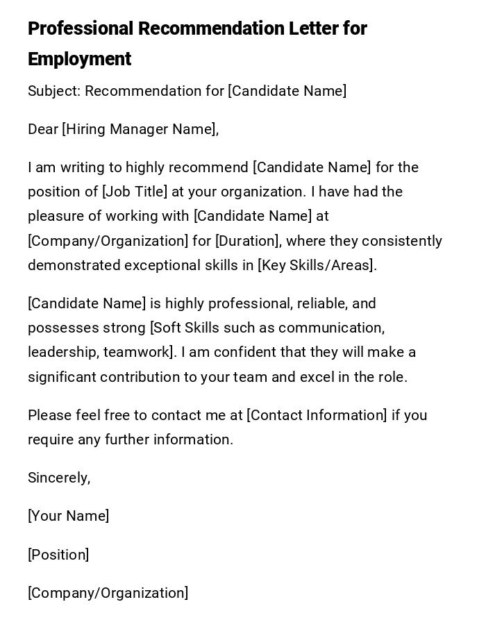 Professional Recommendation Letter for Employment Professional Recommendation Letter for Employment