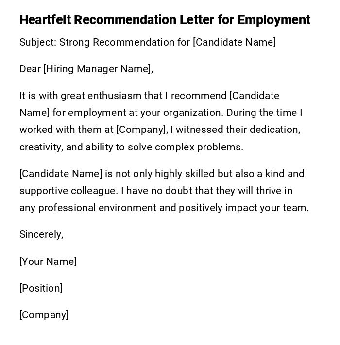 Heartfelt Recommendation Letter for Employment Heartfelt Recommendation Letter for Employment