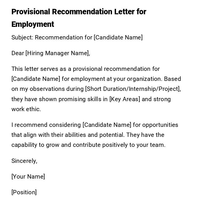 Provisional Recommendation Letter for Employment Provisional Recommendation Letter for Employment