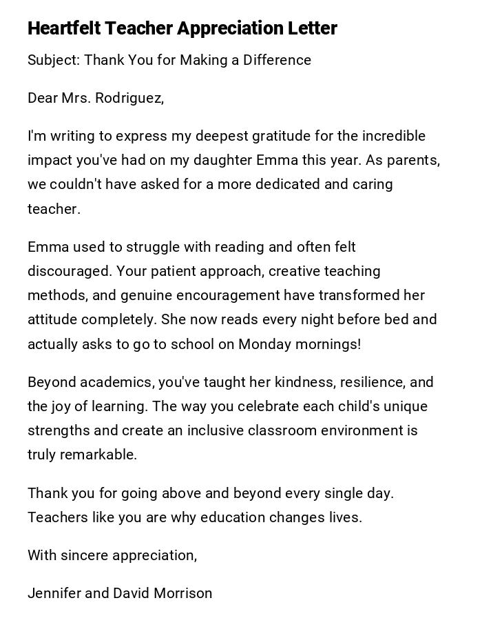 Heartfelt Teacher Appreciation Letter Heartfelt Teacher Appreciation Letter