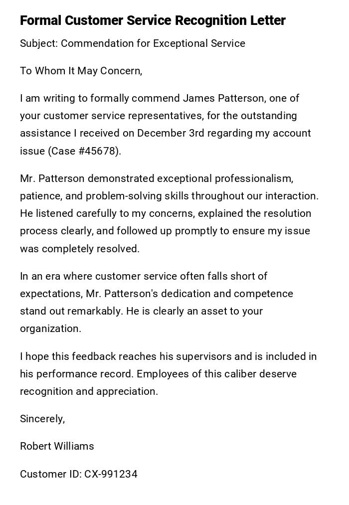 Formal Customer Service Recognition Letter Formal Customer Service Recognition Letter