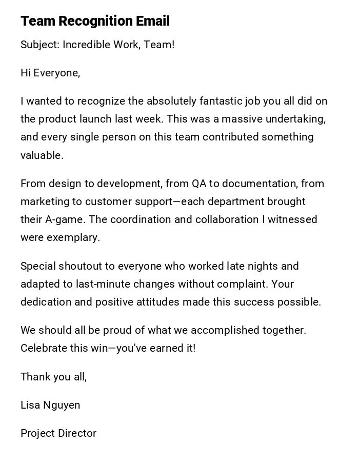 Team Recognition Email Team Recognition Email