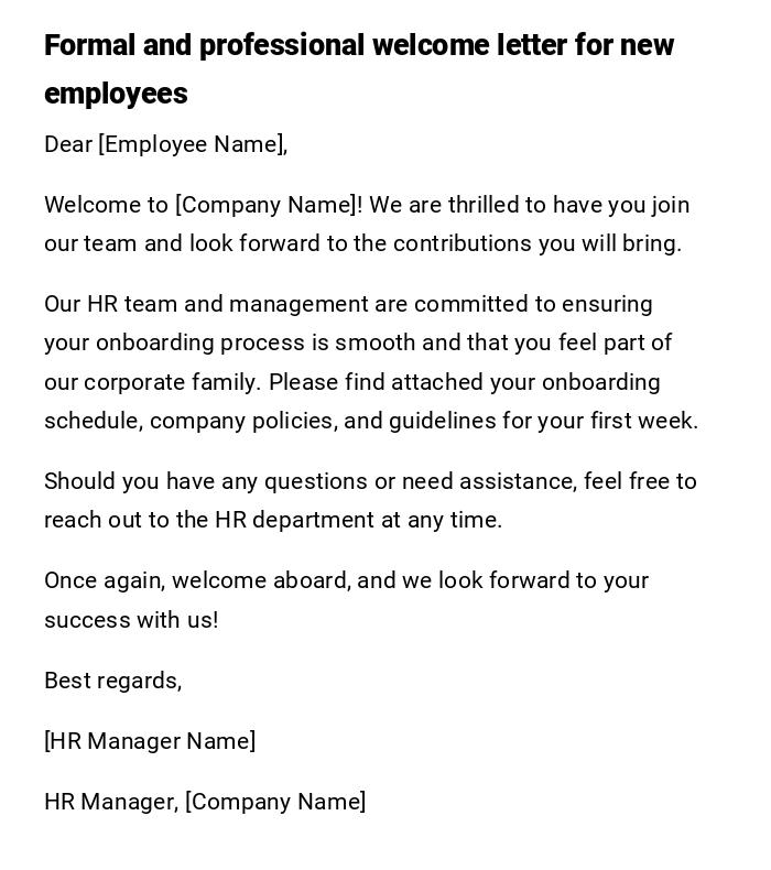 Formal and professional welcome letter for new employees Formal and professional welcome letter for new employees