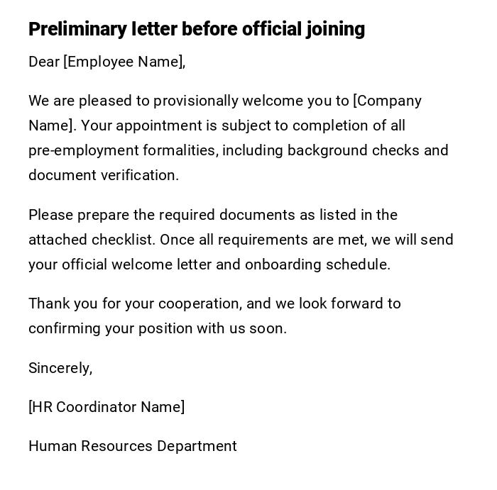 Preliminary letter before official joining Preliminary letter before official joining