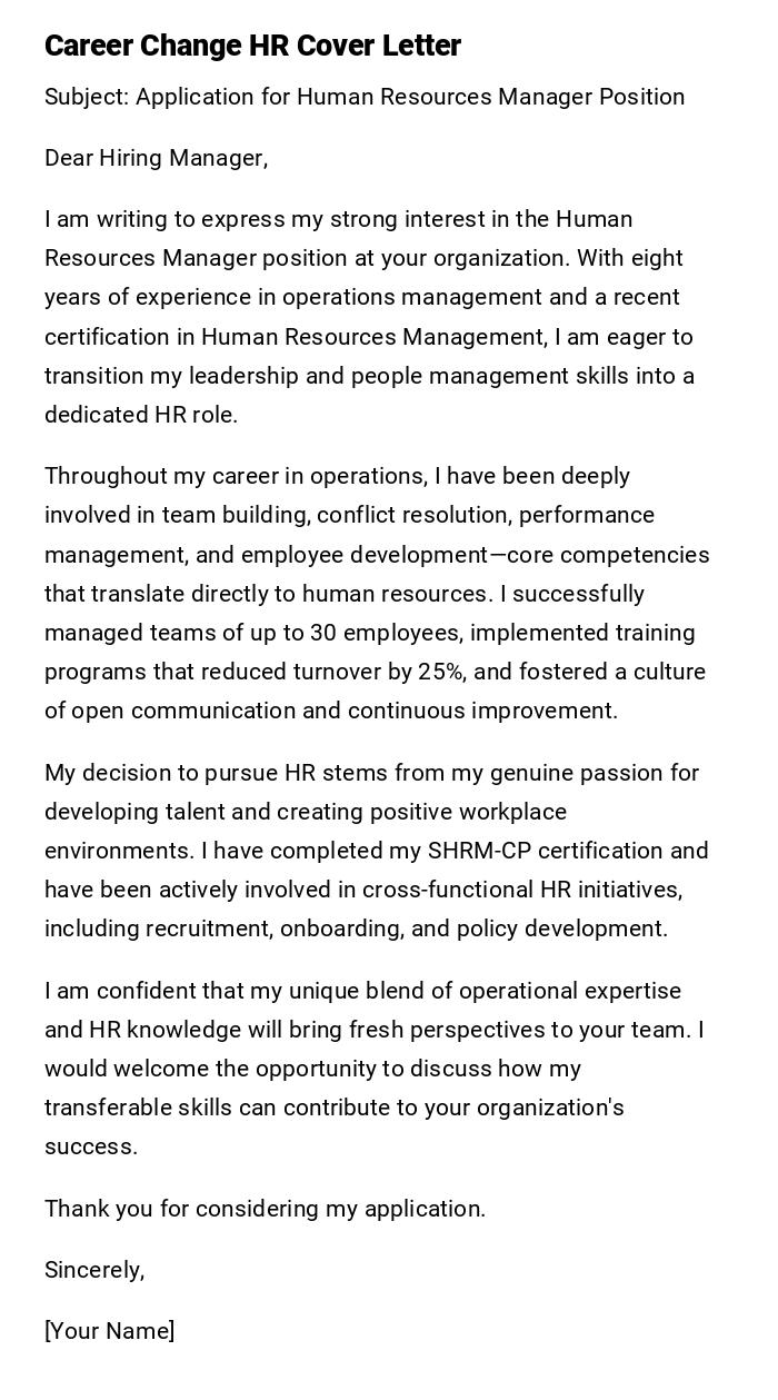 Career Change HR Cover Letter Career Change HR Cover Letter