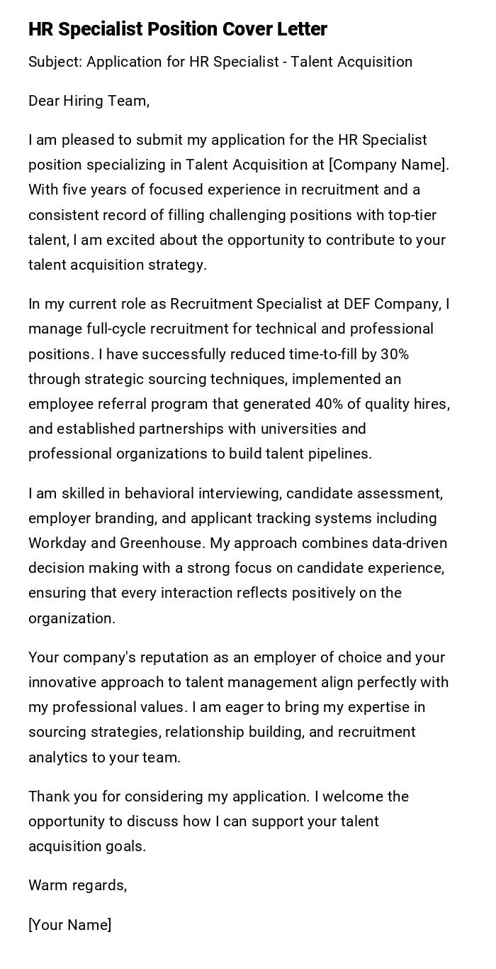 HR Specialist Position Cover Letter HR Specialist Position Cover Letter