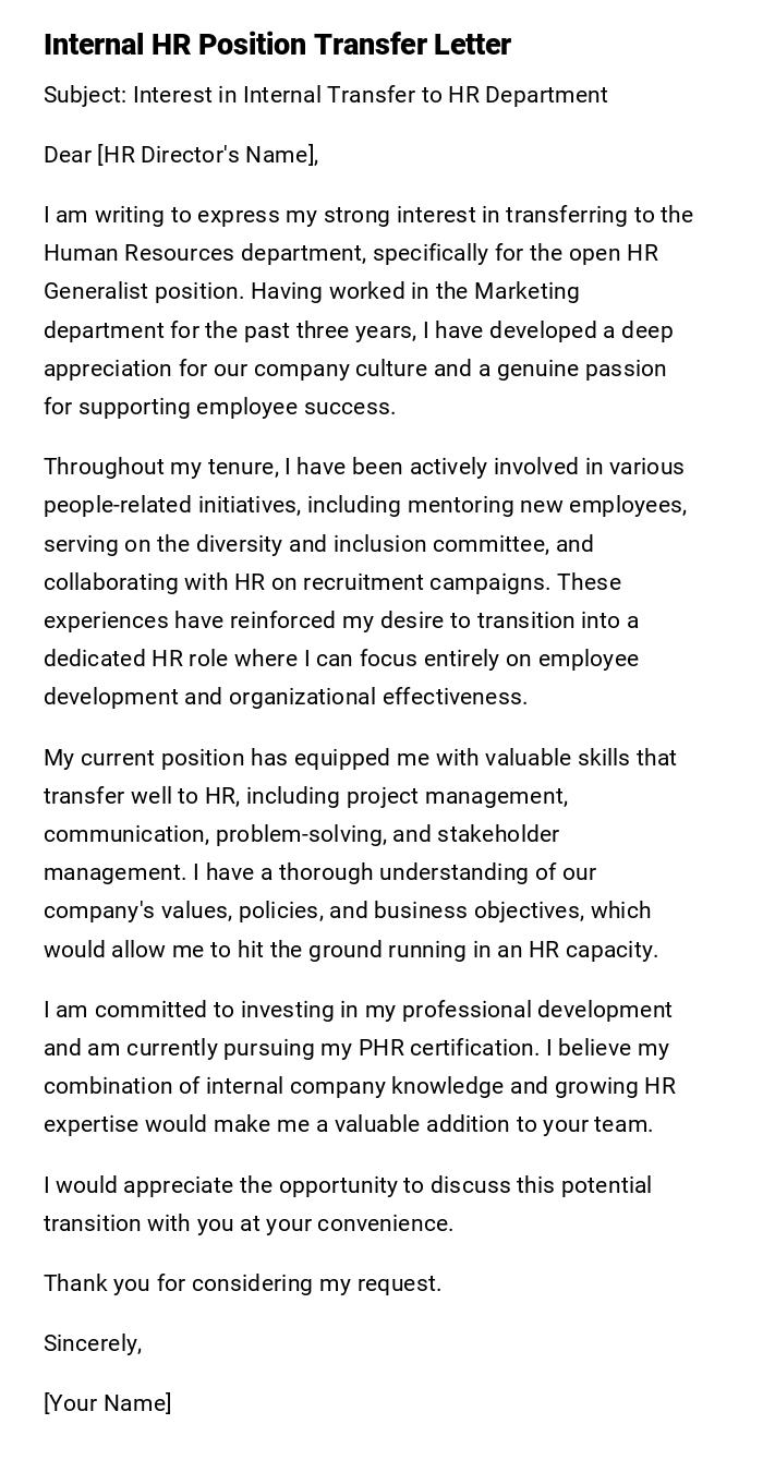 Internal HR Position Transfer Letter Internal HR Position Transfer Letter