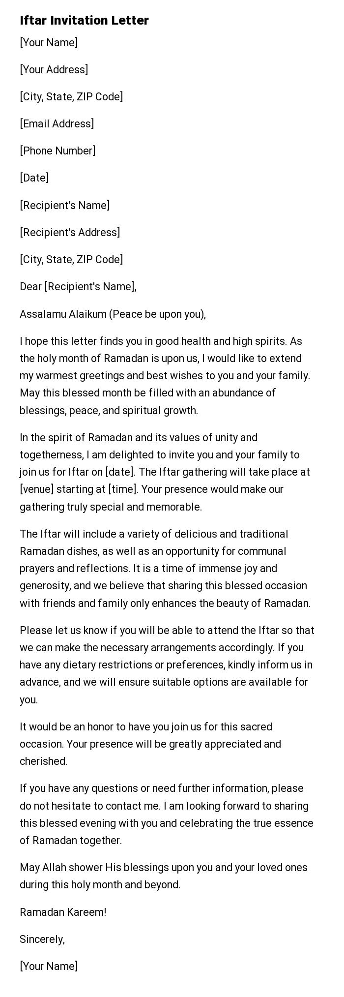 Iftar Invitation Letter