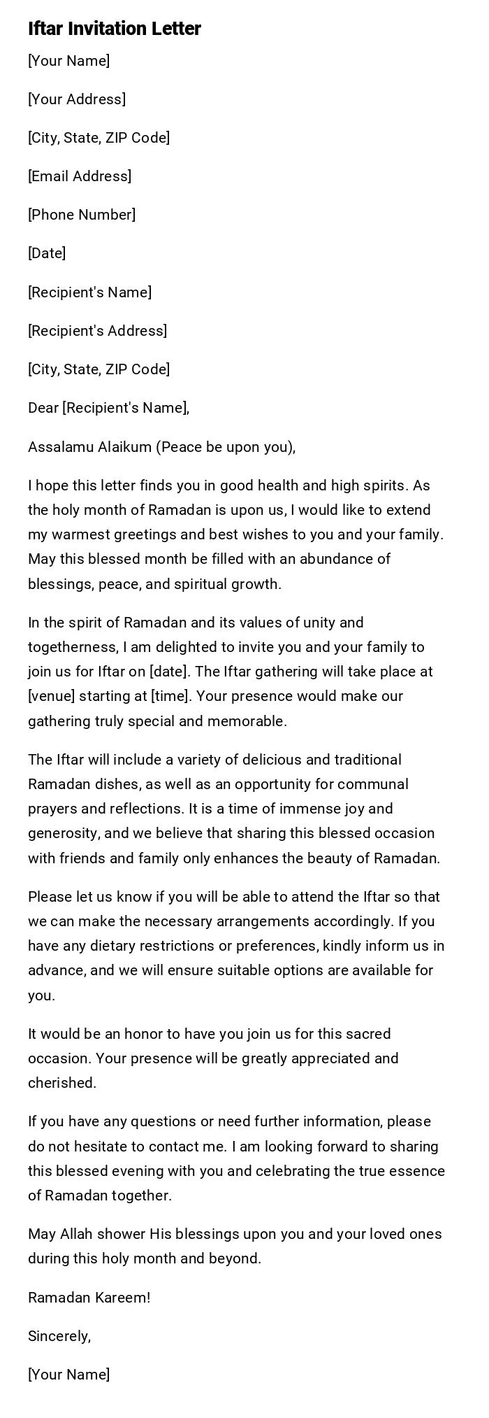 Iftar Invitation Letter