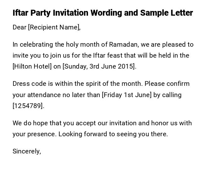 Iftar Party Invitation Wording and Sample Letter