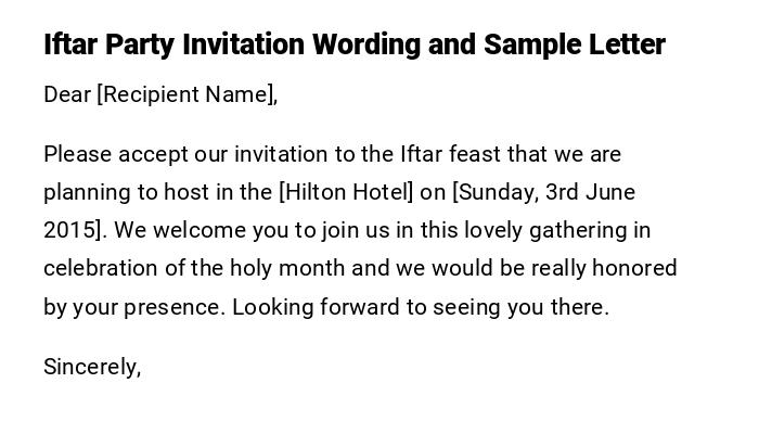 Iftar Party Invitation Wording and Sample Letter