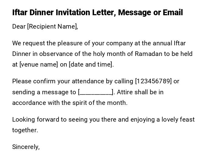 Iftar Dinner Invitation Letter, Message or Email