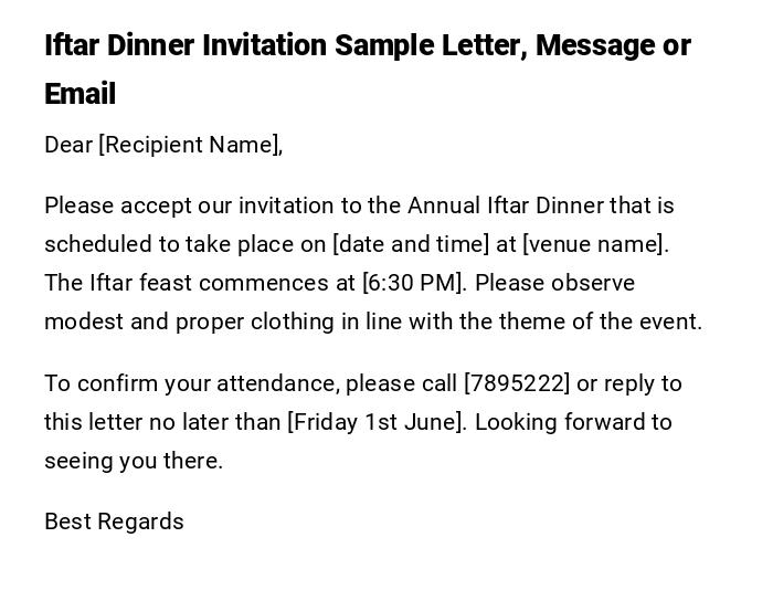 Iftar Dinner Invitation Sample Letter, Message or Email