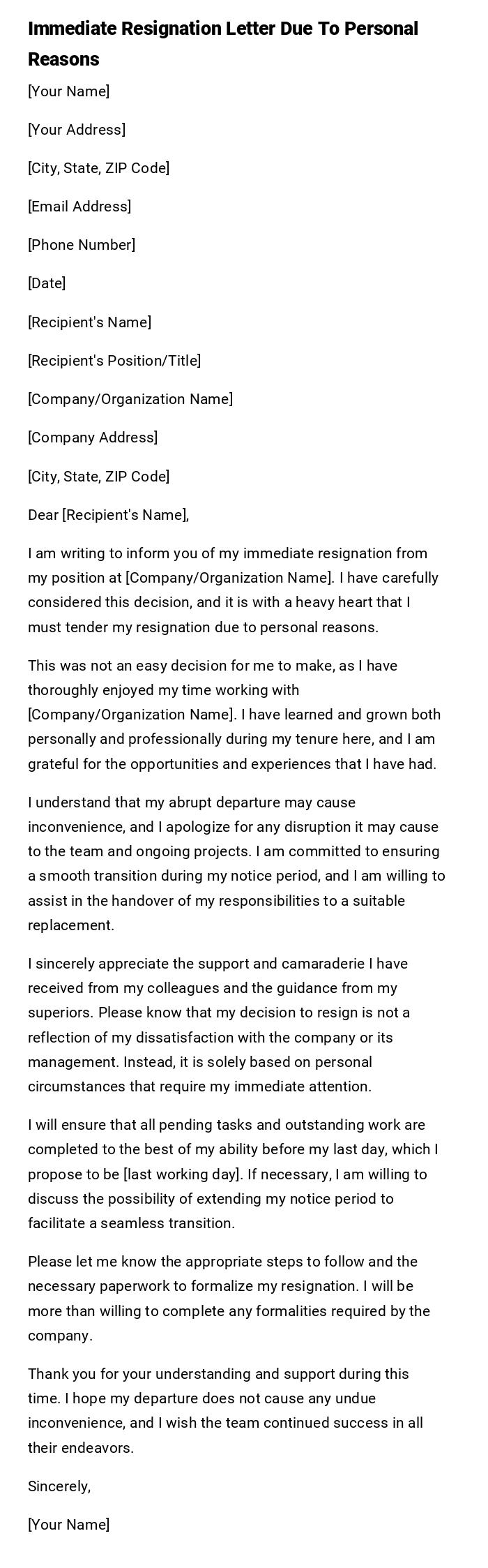 Immediate Resignation Letter Due To Personal Reasons