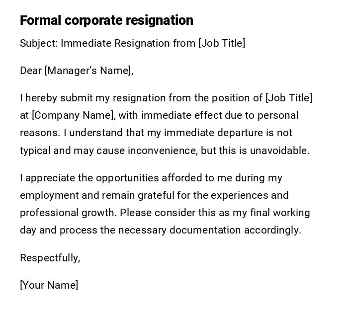 Formal corporate resignation Formal corporate resignation