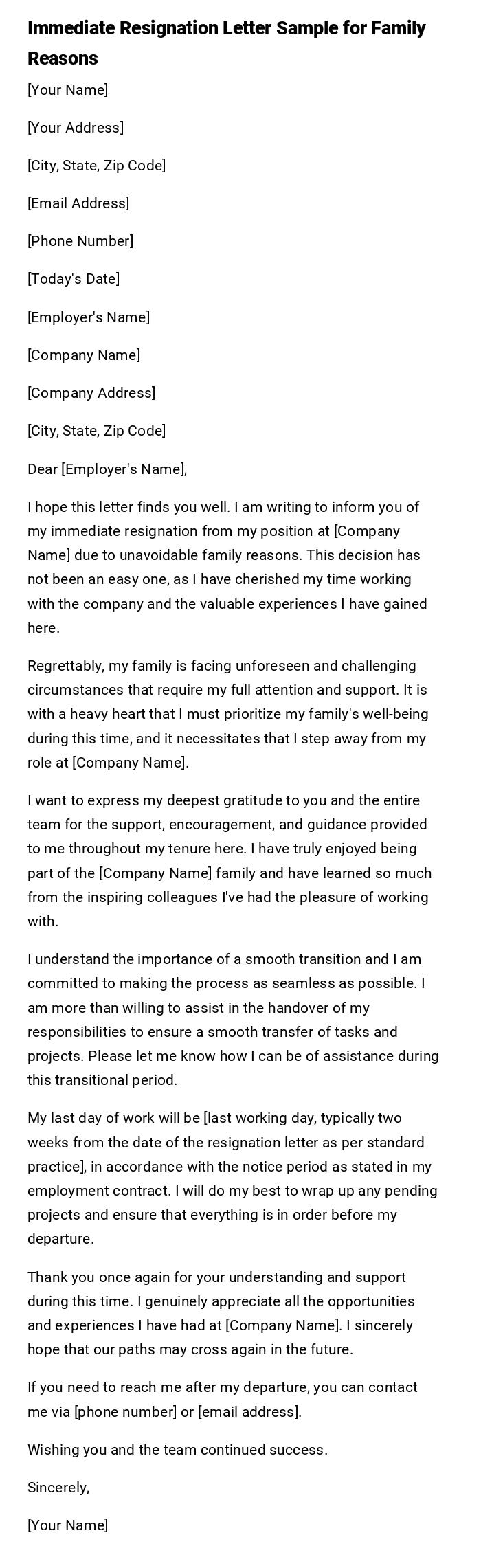 Immediate Resignation Letter Sample for Family Reasons