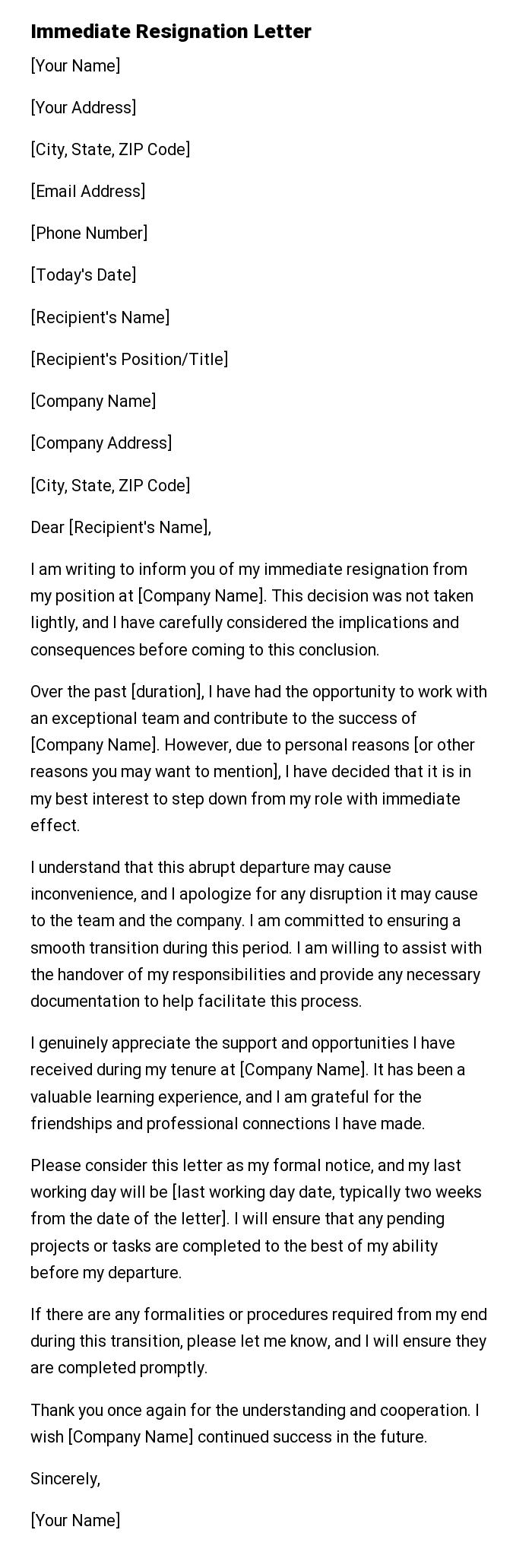 Immediate Resignation Letter