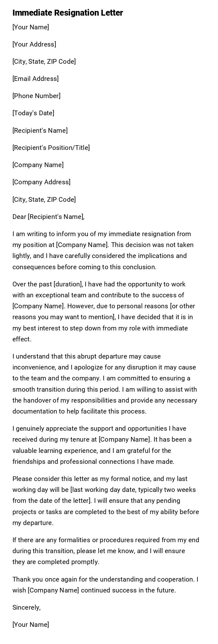 Immediate Resignation Letter