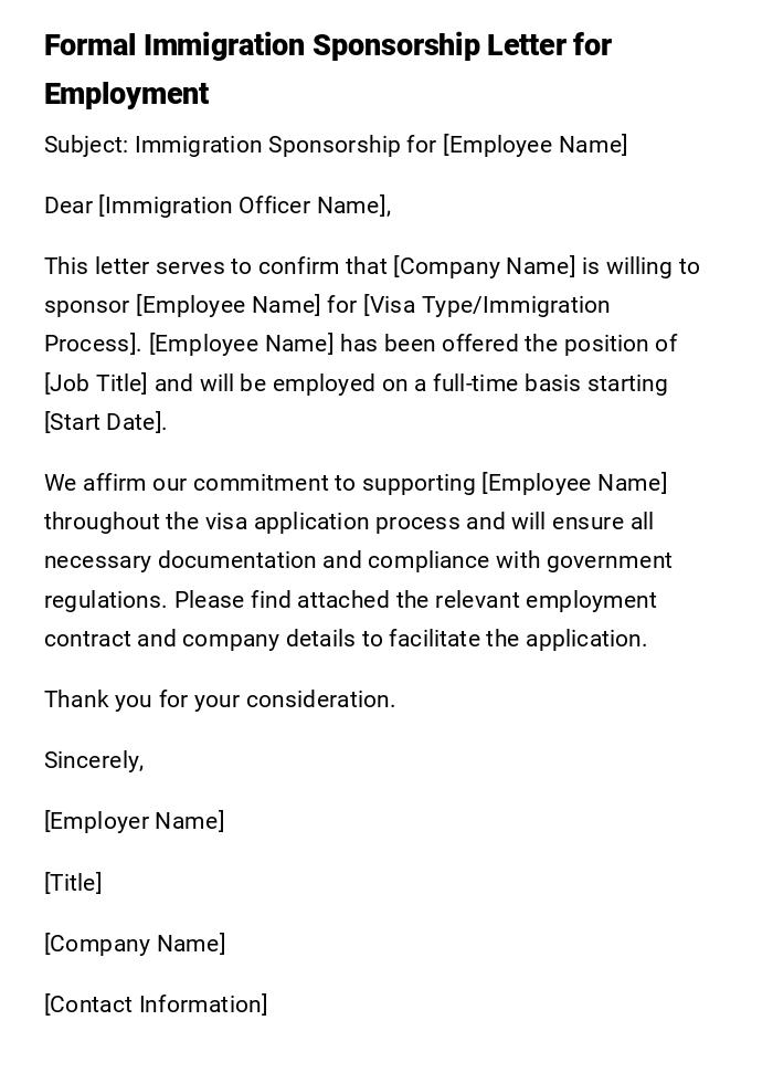 Formal Immigration Sponsorship Letter for Employment Formal Immigration Sponsorship Letter for Employment
