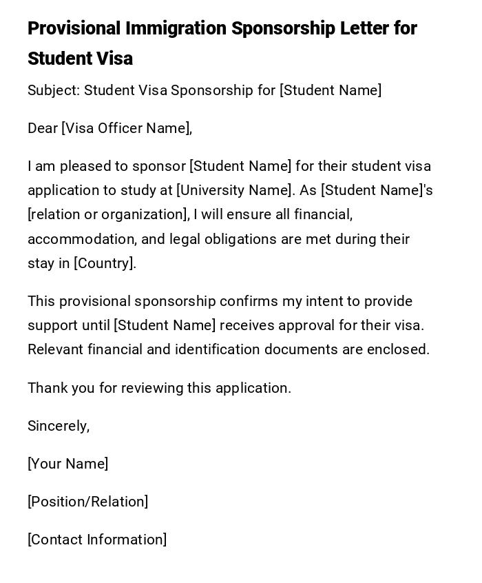 Provisional Immigration Sponsorship Letter for Student Visa Provisional Immigration Sponsorship Letter for Student Visa