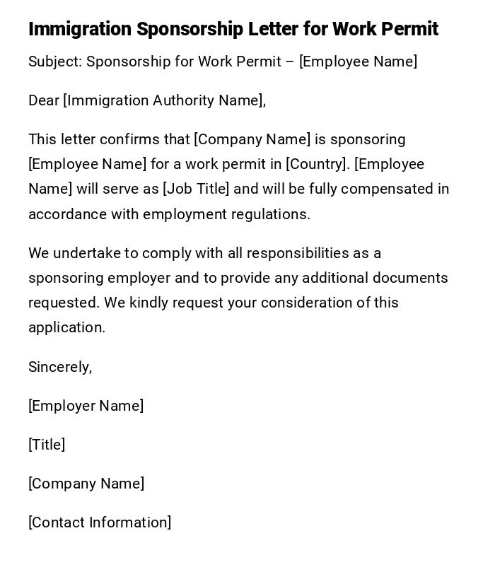 Immigration Sponsorship Letter for Work Permit Immigration Sponsorship Letter for Work Permit
