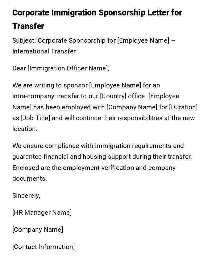 Corporate Immigration Sponsorship Letter for Transfer Corporate Immigration Sponsorship Letter for Transfer