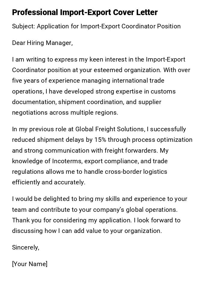 Professional Import-Export Cover Letter Professional Import-Export Cover Letter