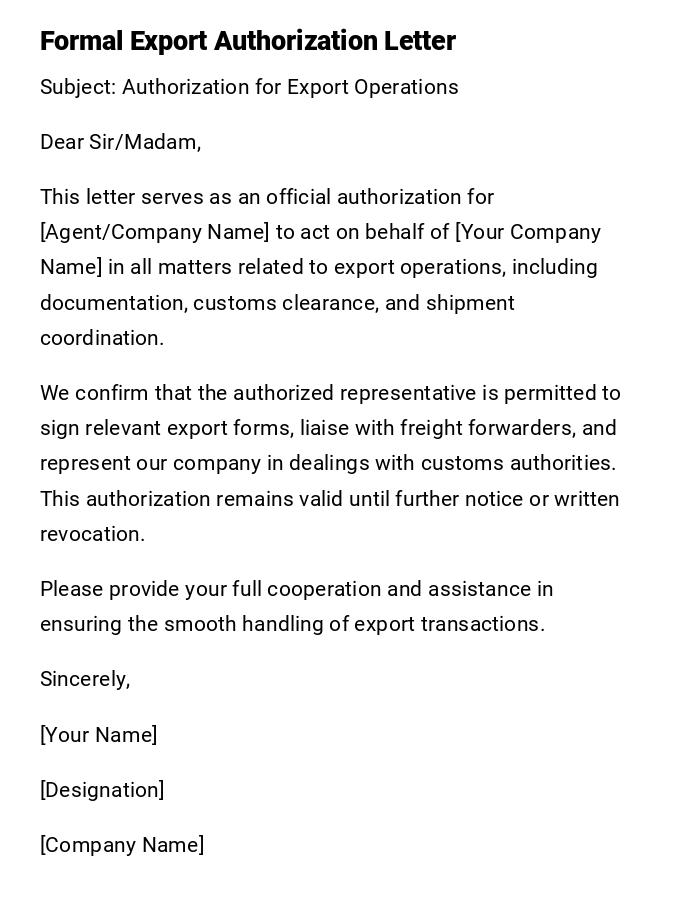 Formal Export Authorization Letter Formal Export Authorization Letter