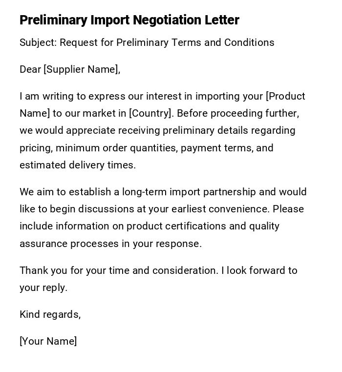 Preliminary Import Negotiation Letter Preliminary Import Negotiation Letter