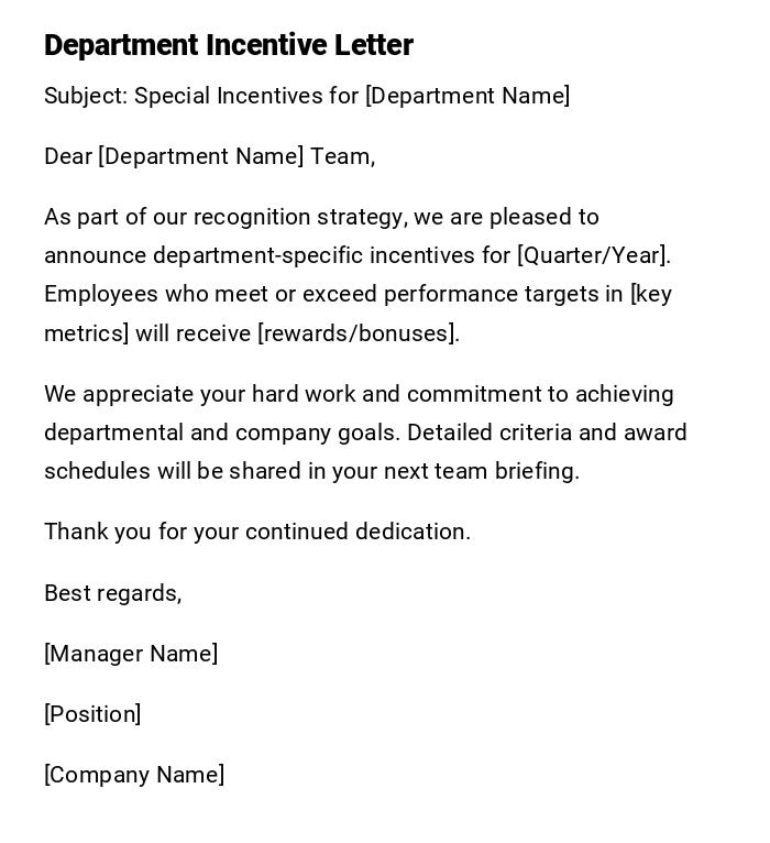 Department Incentive Letter Department Incentive Letter