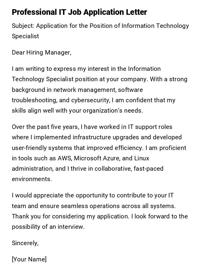 Professional IT Job Application Letter Professional IT Job Application Letter
